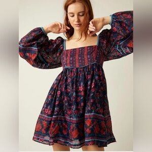 Free People Navy Floral Mini Dress with Red & Pink Accents